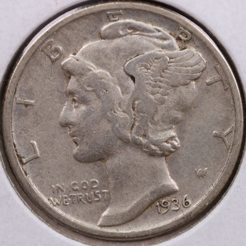 1936 Mercury Silver Dime, Very Fine+ Circulated Coin, Store
