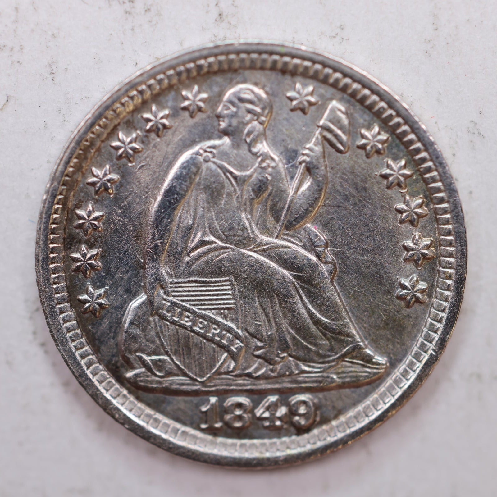 1849/6 Seated Liberty Silver Half Dime, Mint State, Uncirculated, Store #HE023.