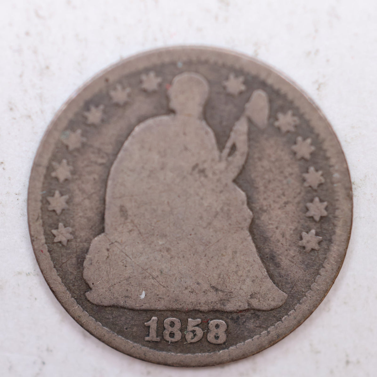 1858/1858 Seated Liberty Silver Half Dime, Good Circulated Coin, Store #HE034.