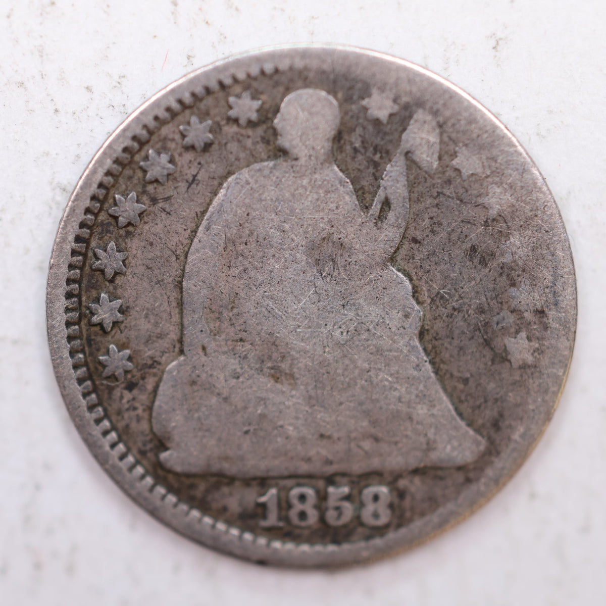 1858/1858 Seated Liberty Silver Half Dime, Good+ Circulated Coin, Store #HE035.