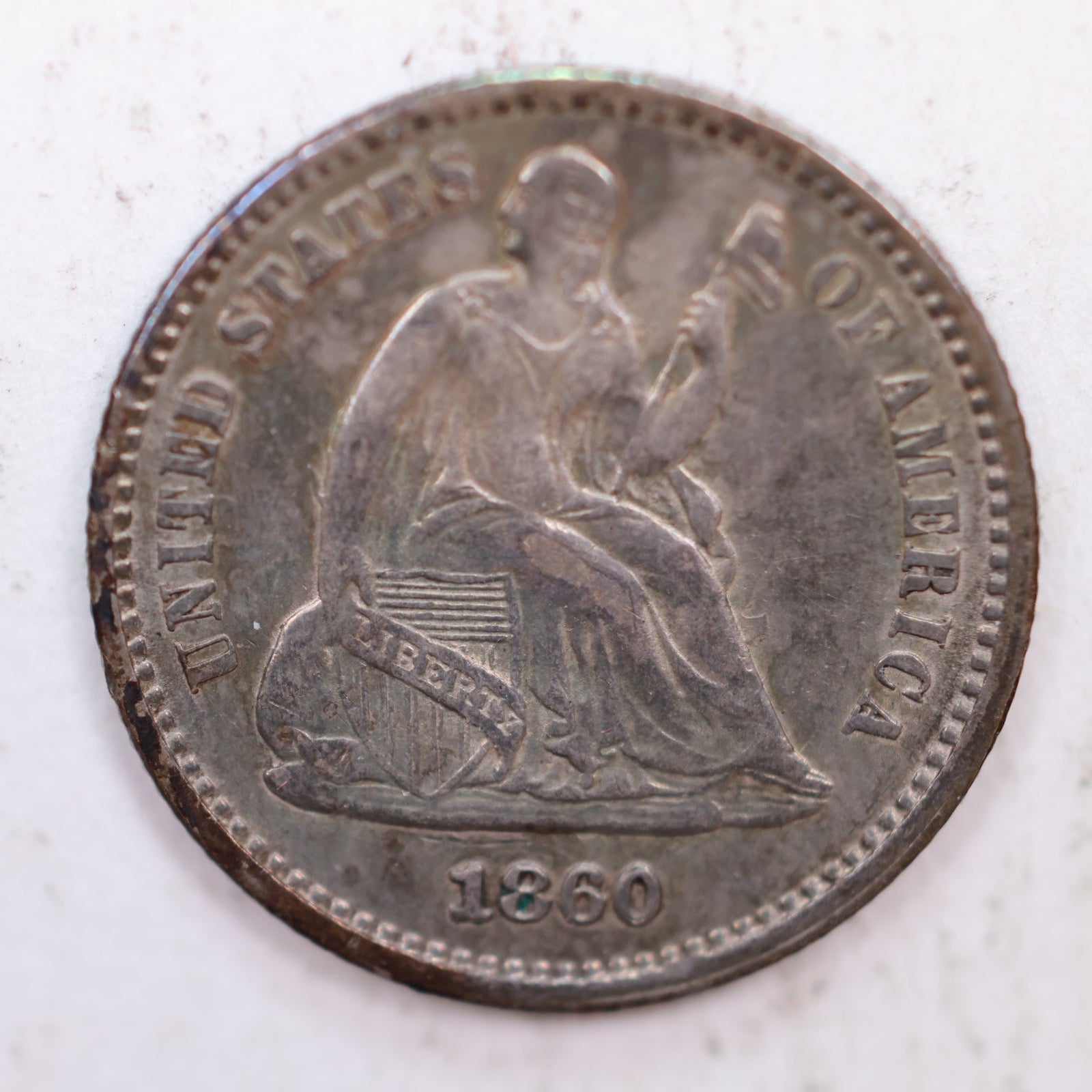 1860 Seated Liberty Silver Half Dime, Rare Variety, AU +, Store #HE040.