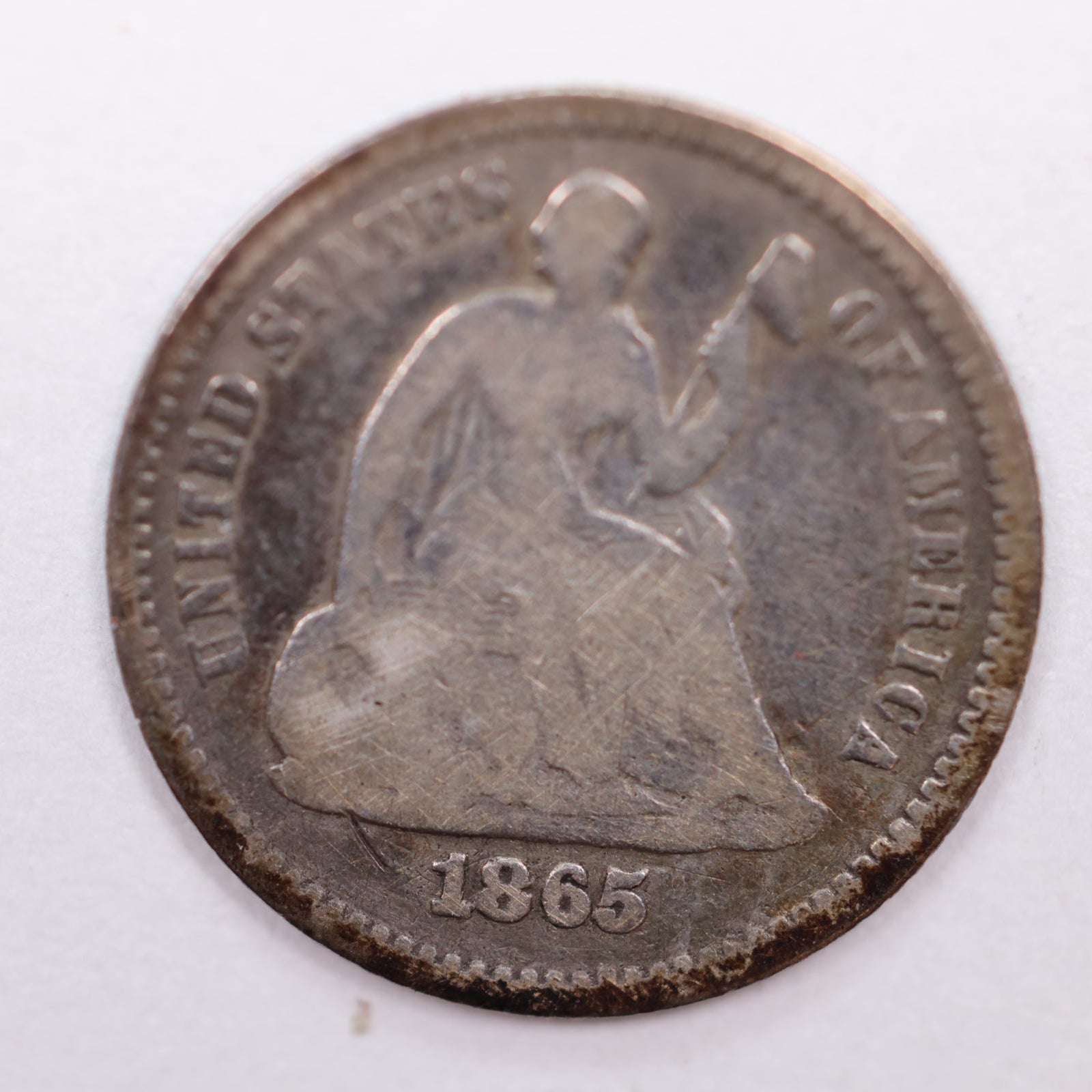 1865 Seated Liberty Silver Half Dime, Very Good Circulated Coin, Store #HE053.