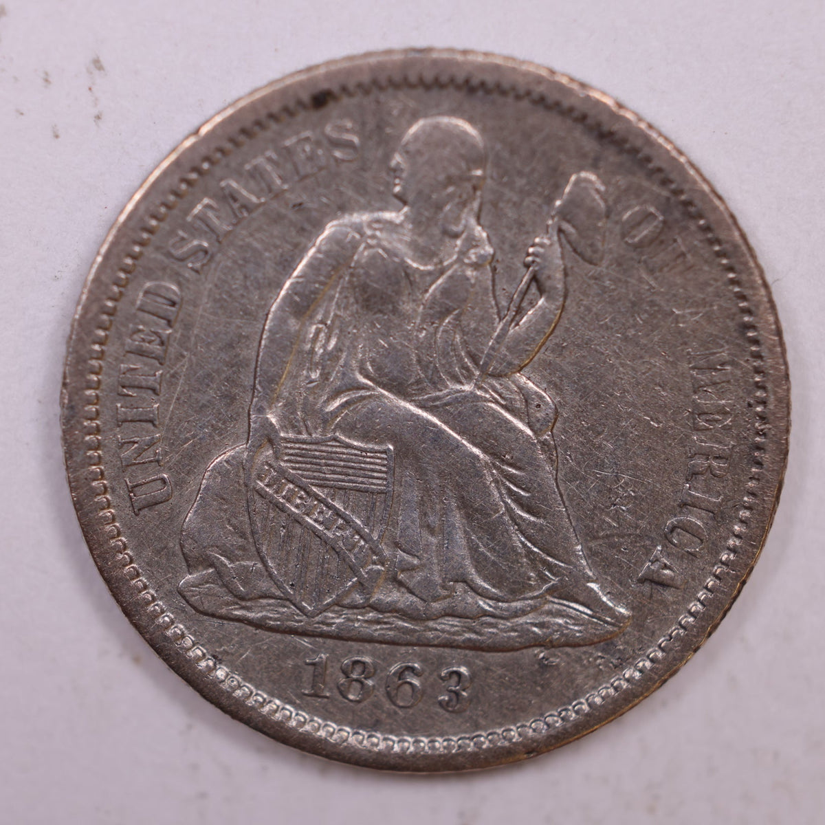 1863-S Seated Liberty Silver Dime, About Uncirculated Coin, Cleaned, Store #DE003.