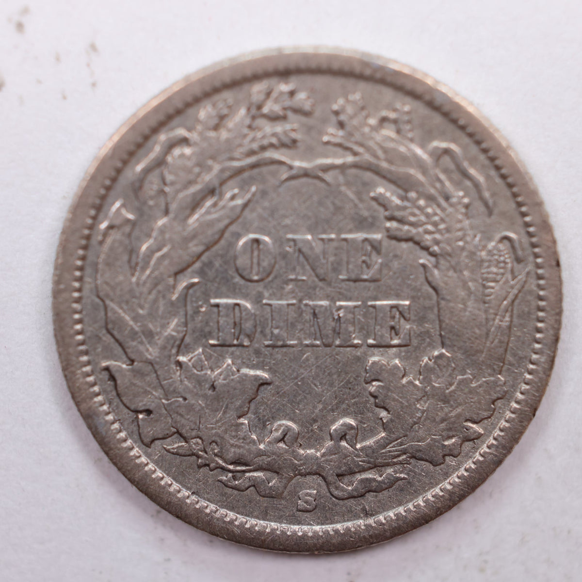 1863-S Seated Liberty Silver Dime, About Uncirculated Coin, Cleaned, Store #DE003.