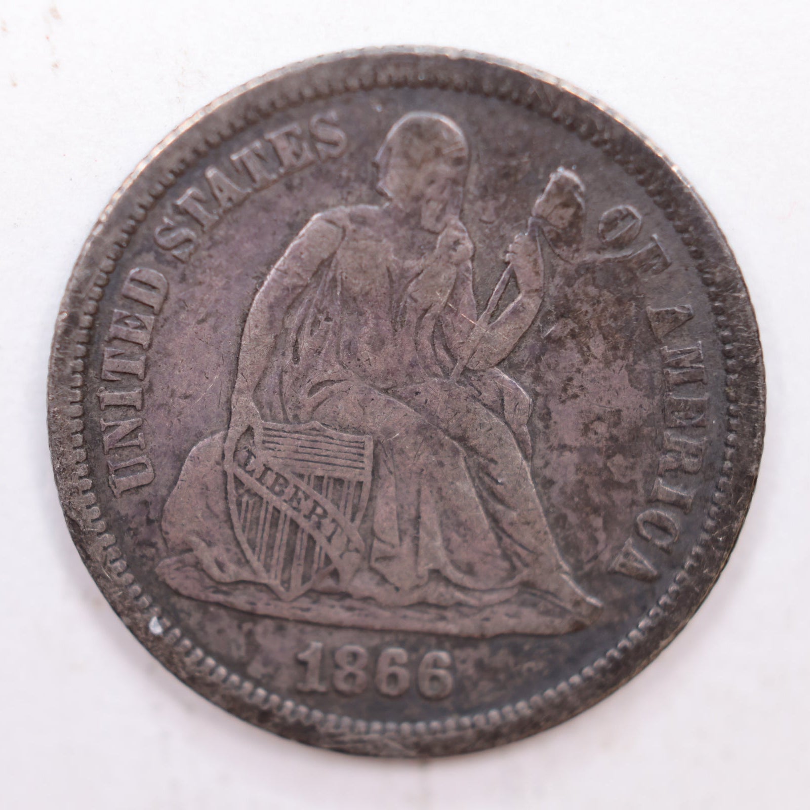 1866 Seated Liberty Silver Dime, Very Fine Circulated Coin, Store #DE006.
