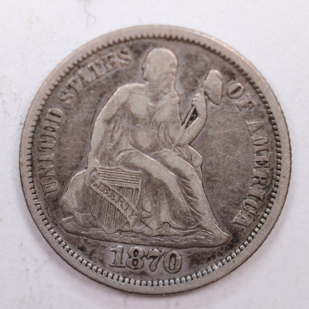 1870 Seated Liberty Silver Dime, Very Fine Circulated Coin, Store #DE008.