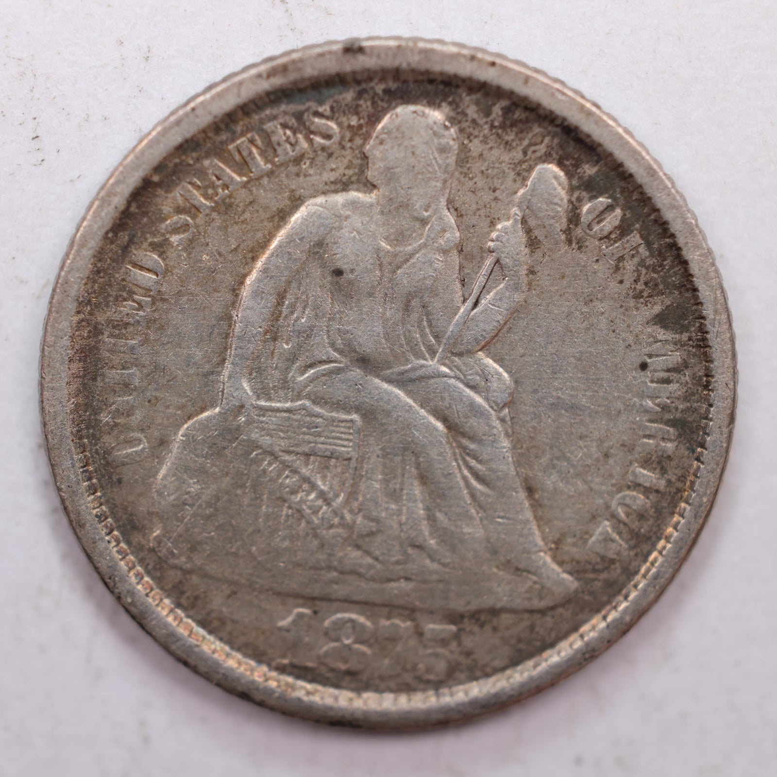 1875-S Seated Liberty Silver Dime, Very Fine Circulated Coin, Store #DE011.