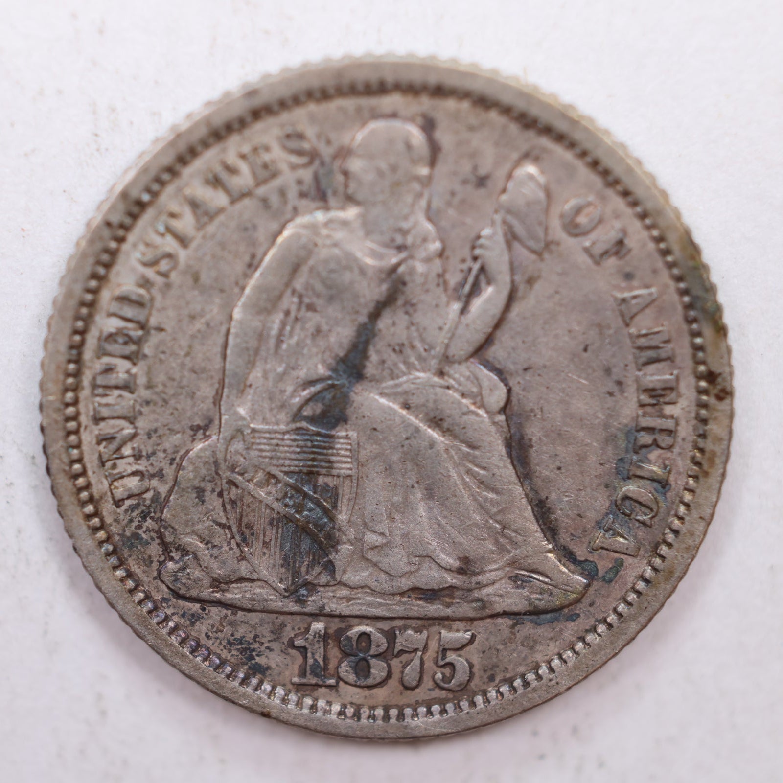 1875-S Seated Liberty Silver Dime, About Uncirculated Coin, Store #DE012.