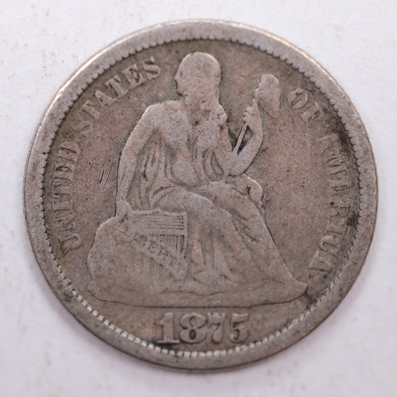 1875-S Seated Liberty Silver Dime, Very Fine Circulated Coin, Store #DE013.