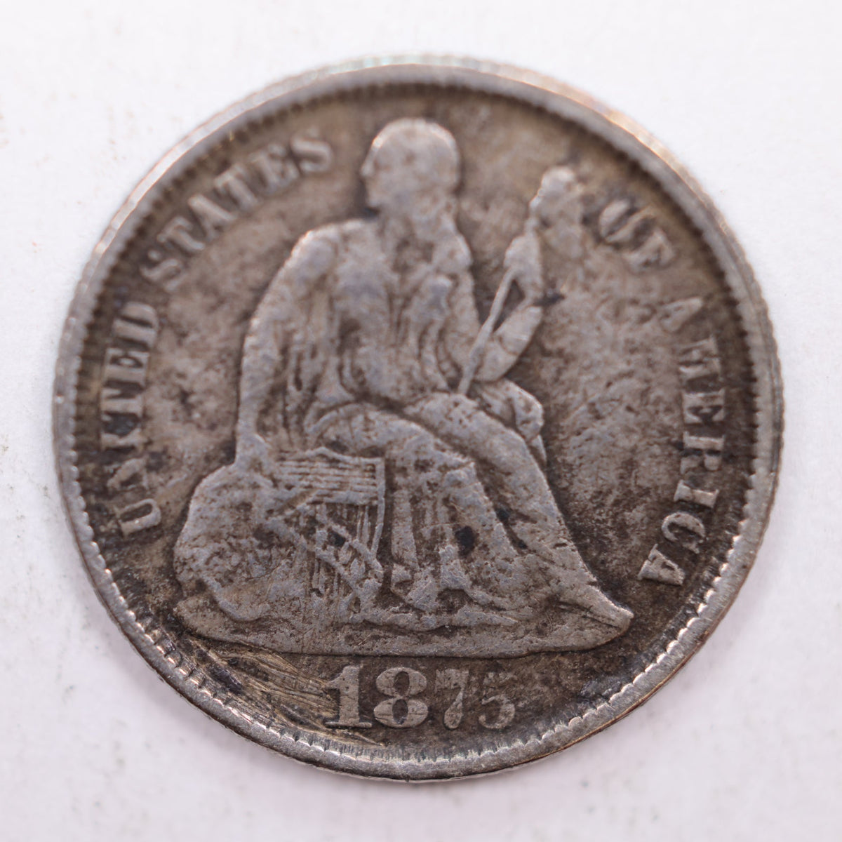 1875-CC Seated Liberty Silver Dime, Extra Fine Circulated Coin, Store #DE014.