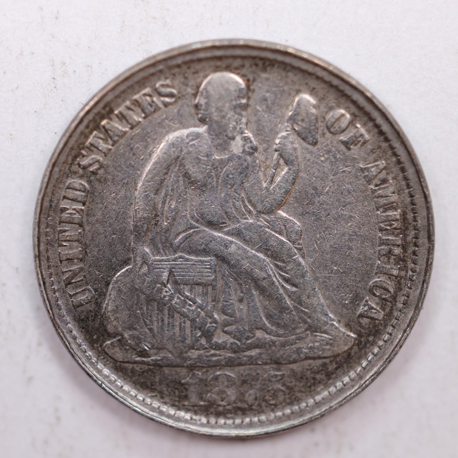 1875-CC Seated Liberty Silver Dime, Very Fine Details Coin, Store #DE015.