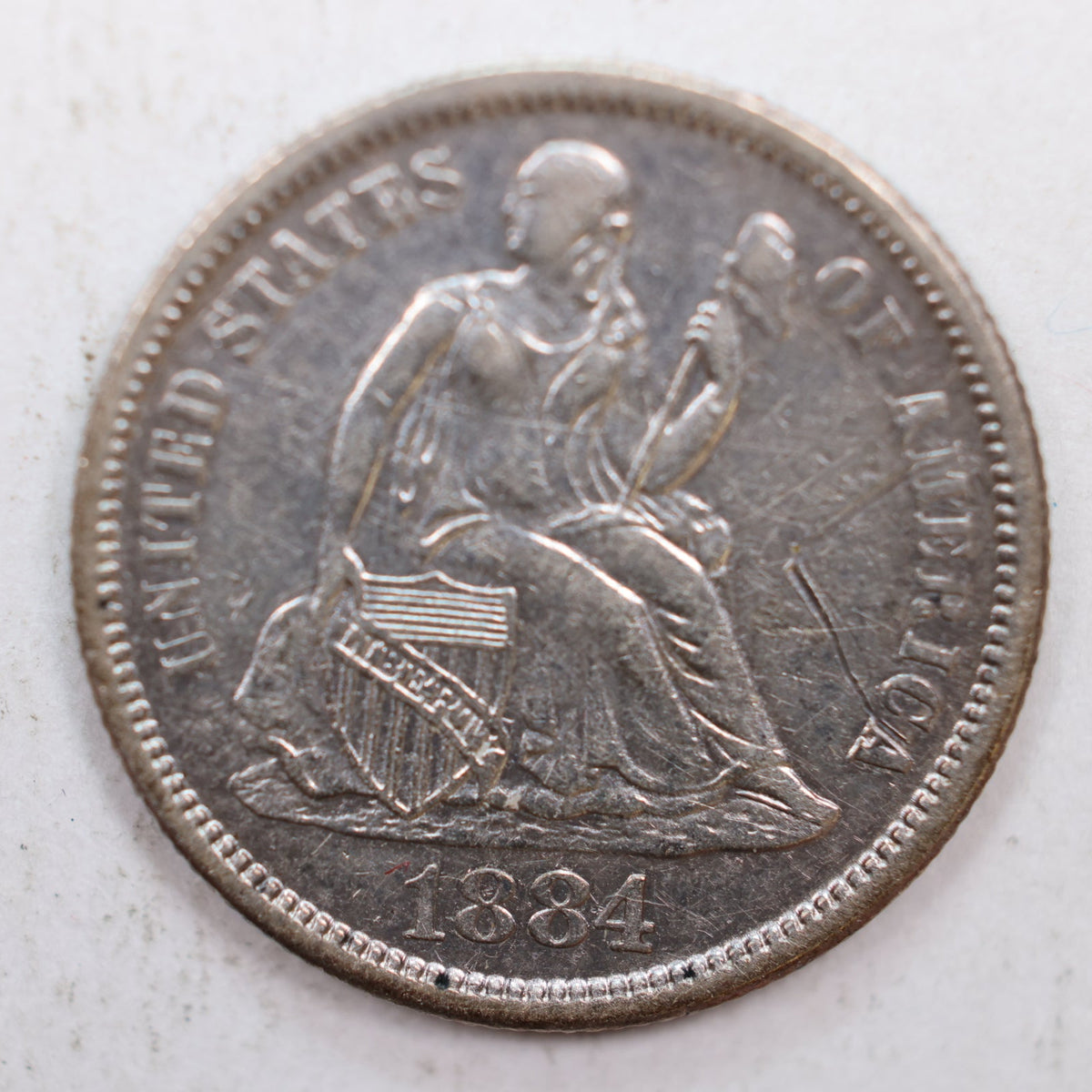 1884-S Seated Liberty Silver Dime, About Uncirculated Detailed Coin, Store #DE019.