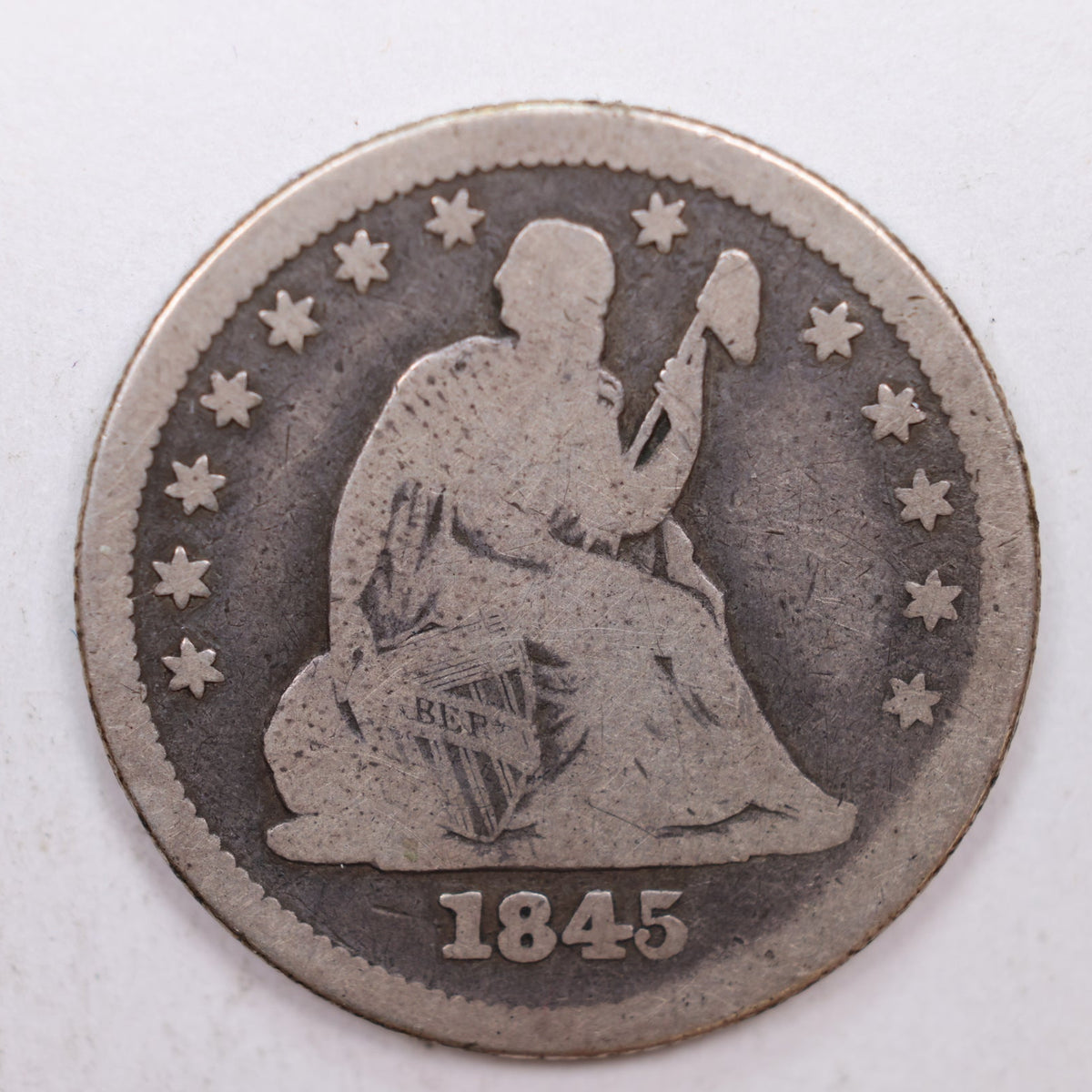 1845 Seated Liberty Quarter, Very Good Circulated Coin, Store #QR007.