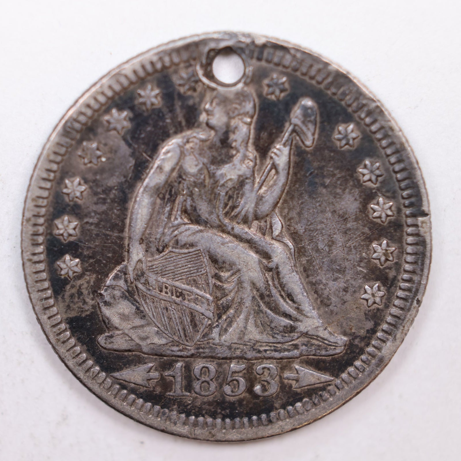 1853 Seated Liberty Quarter, Extra Fine Detailed-Holed Coin, Store #QR008.