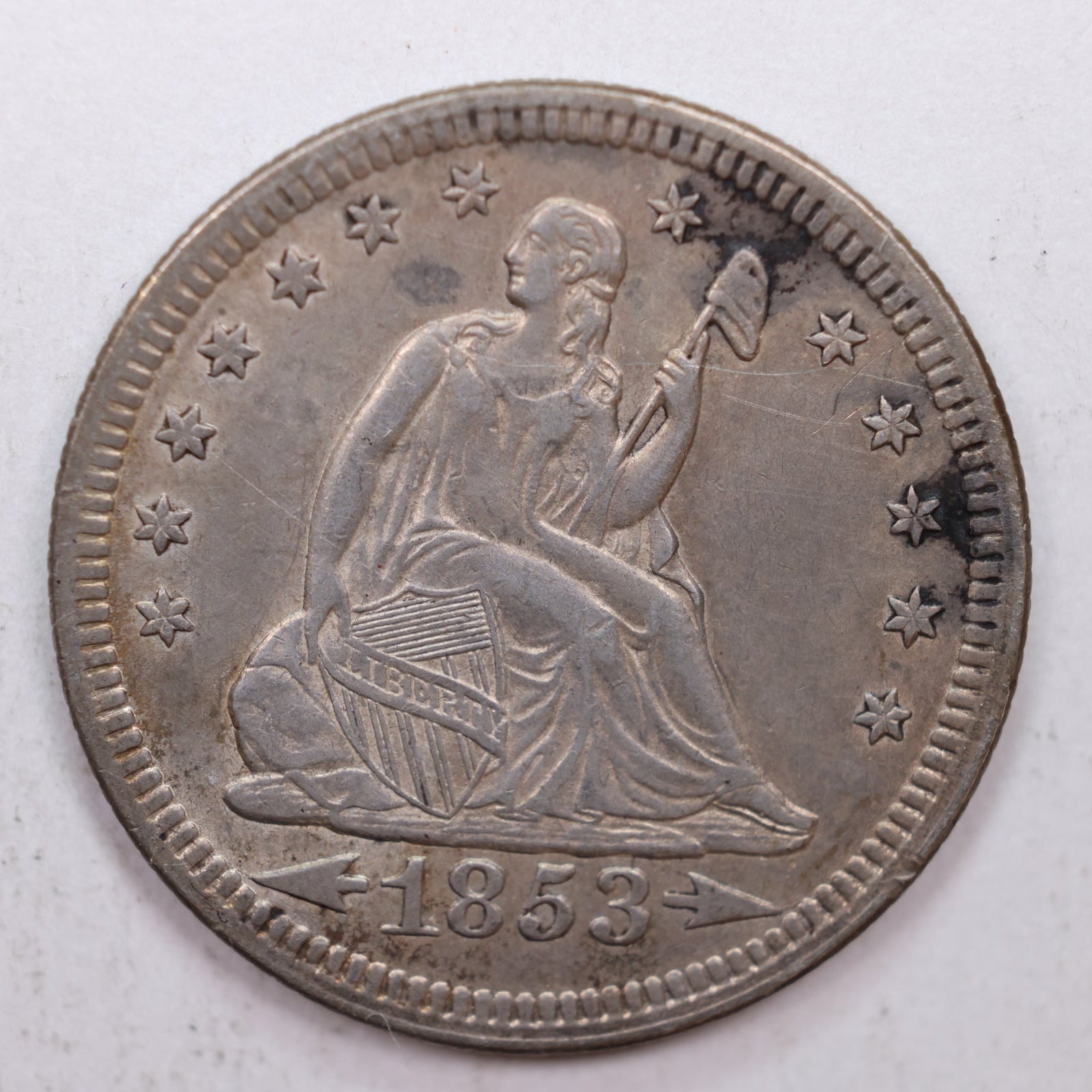 1853 Seated Liberty Quarter, About Uncirculated Coin, Store #QR009.