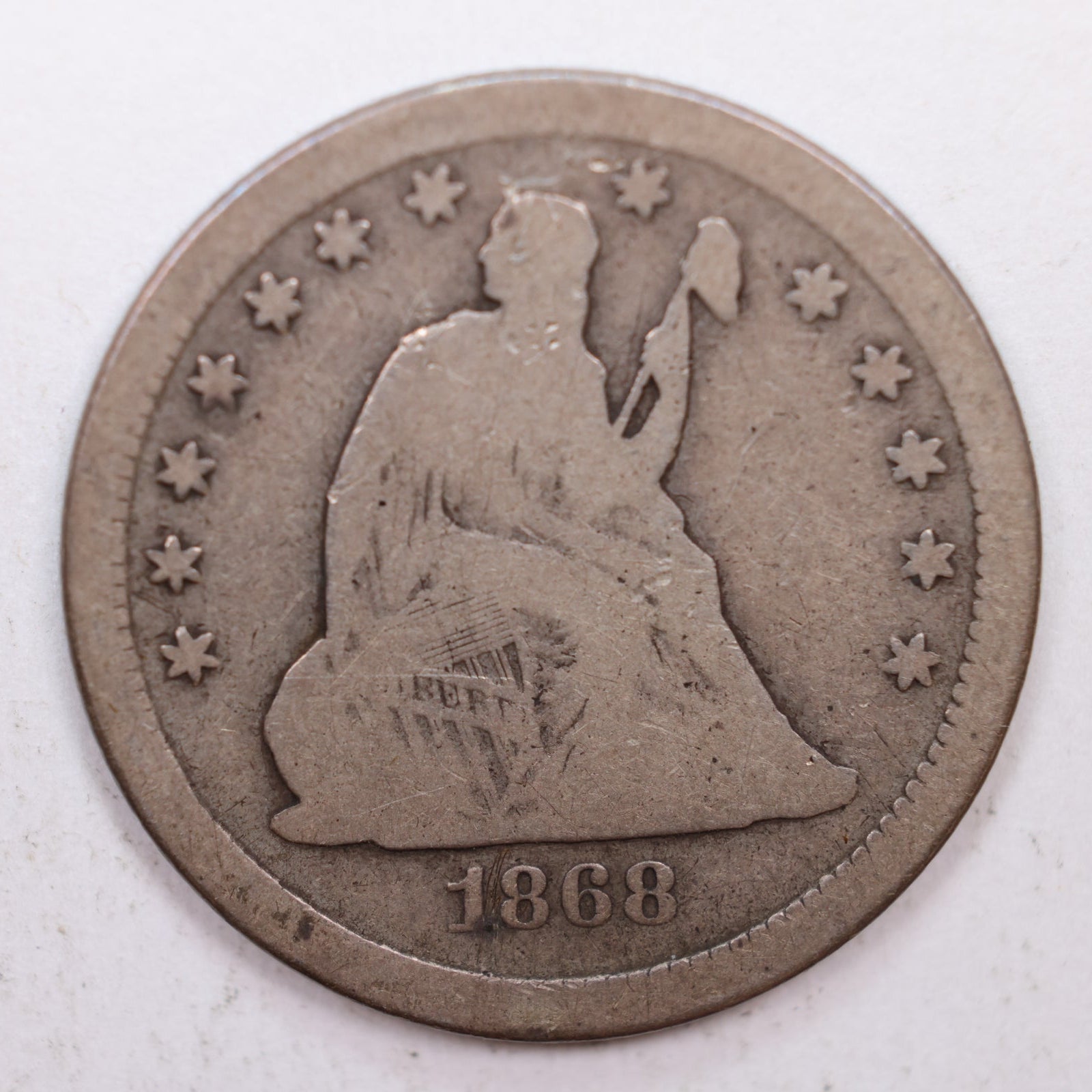 1868-S Seated Liberty Quarter, Very Good Circulated Coin, Store #QR014.