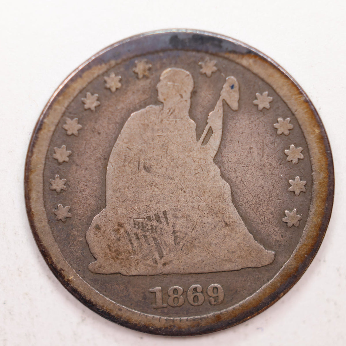 1869-S Seated Liberty Quarter, Very Good Circulated Coin, Store #QR015.