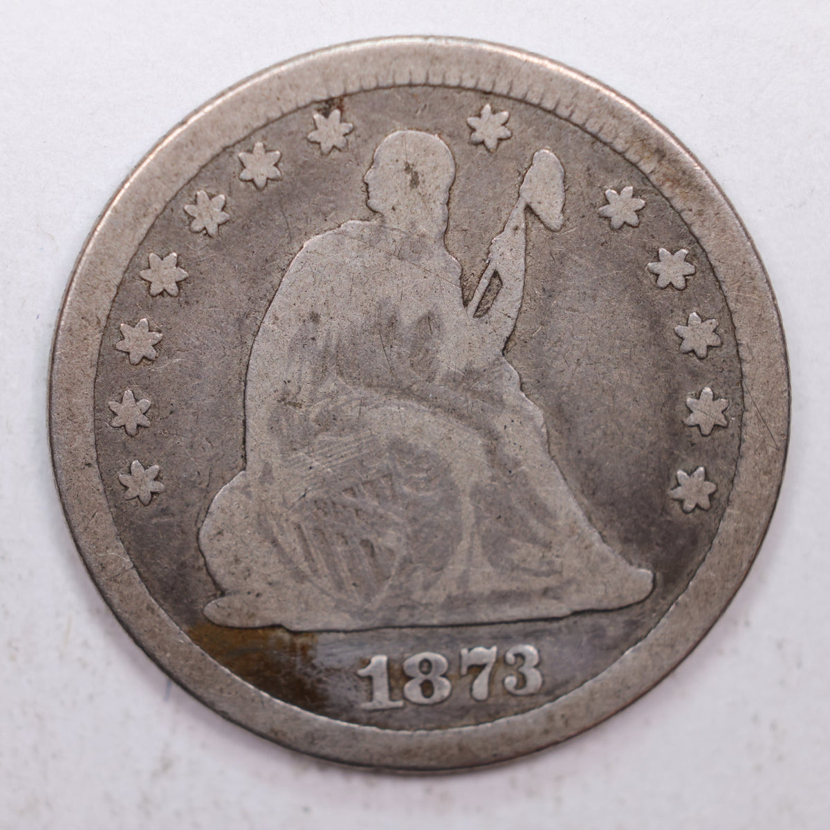 1873 Seated Liberty Quarter, Open-3, Very Good Circulated Coin, Store #QR016.