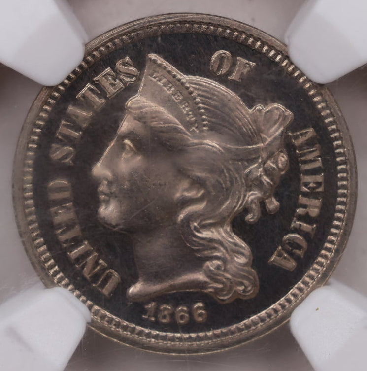 1866 3 Cent Copper Nickel, Proof Strike, NGC PF-67 Cameo, Store #G3C006.