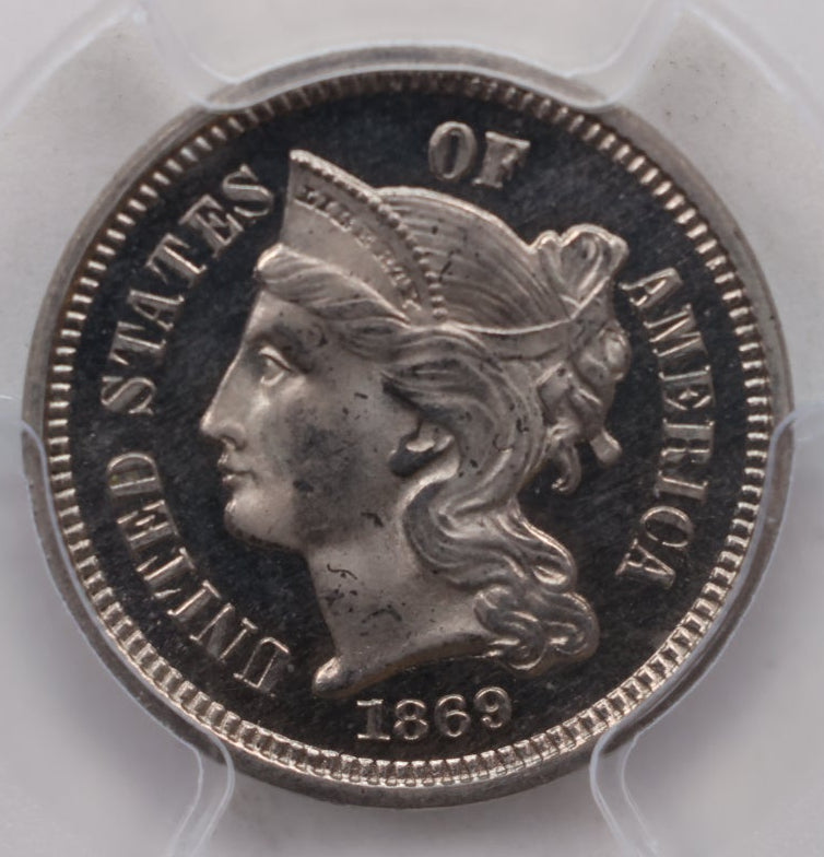 1869 3 Cent Copper Nickel, Proof Strike, PCGS PF-65, CAC, Store #G3C013.