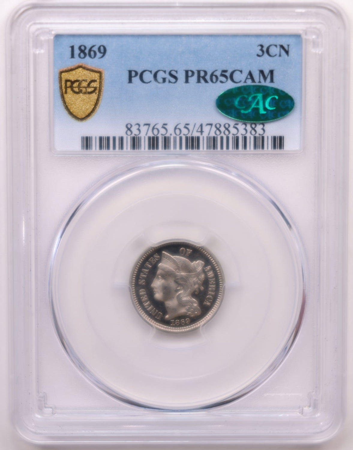1869 3 Cent Copper Nickel, Proof Strike, PCGS PF-65, CAC, Store #G3C013.