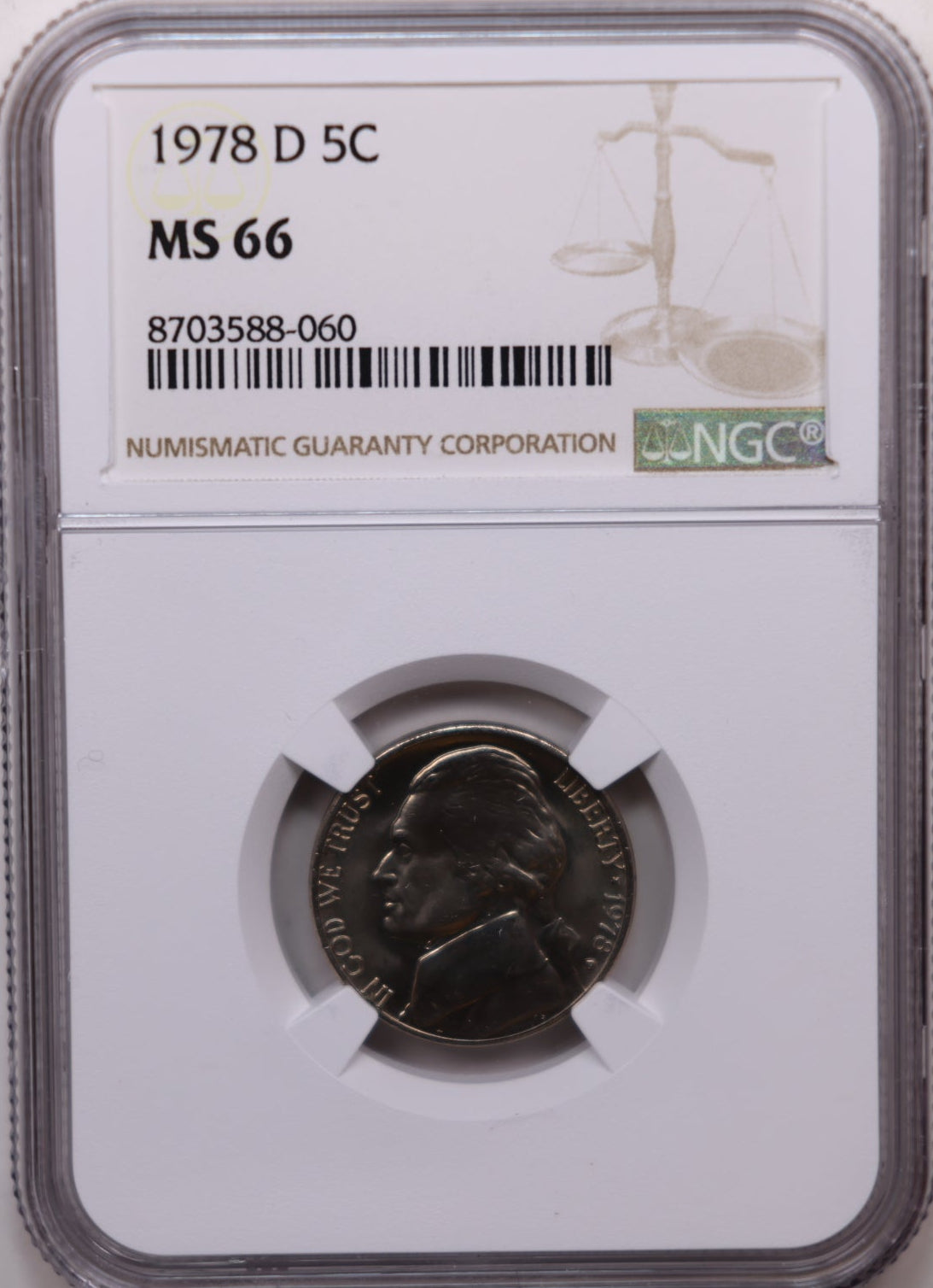 1978-D Jefferson Nickel, Certified NGC MS-66, Uncirculated Coin, Store #NL686