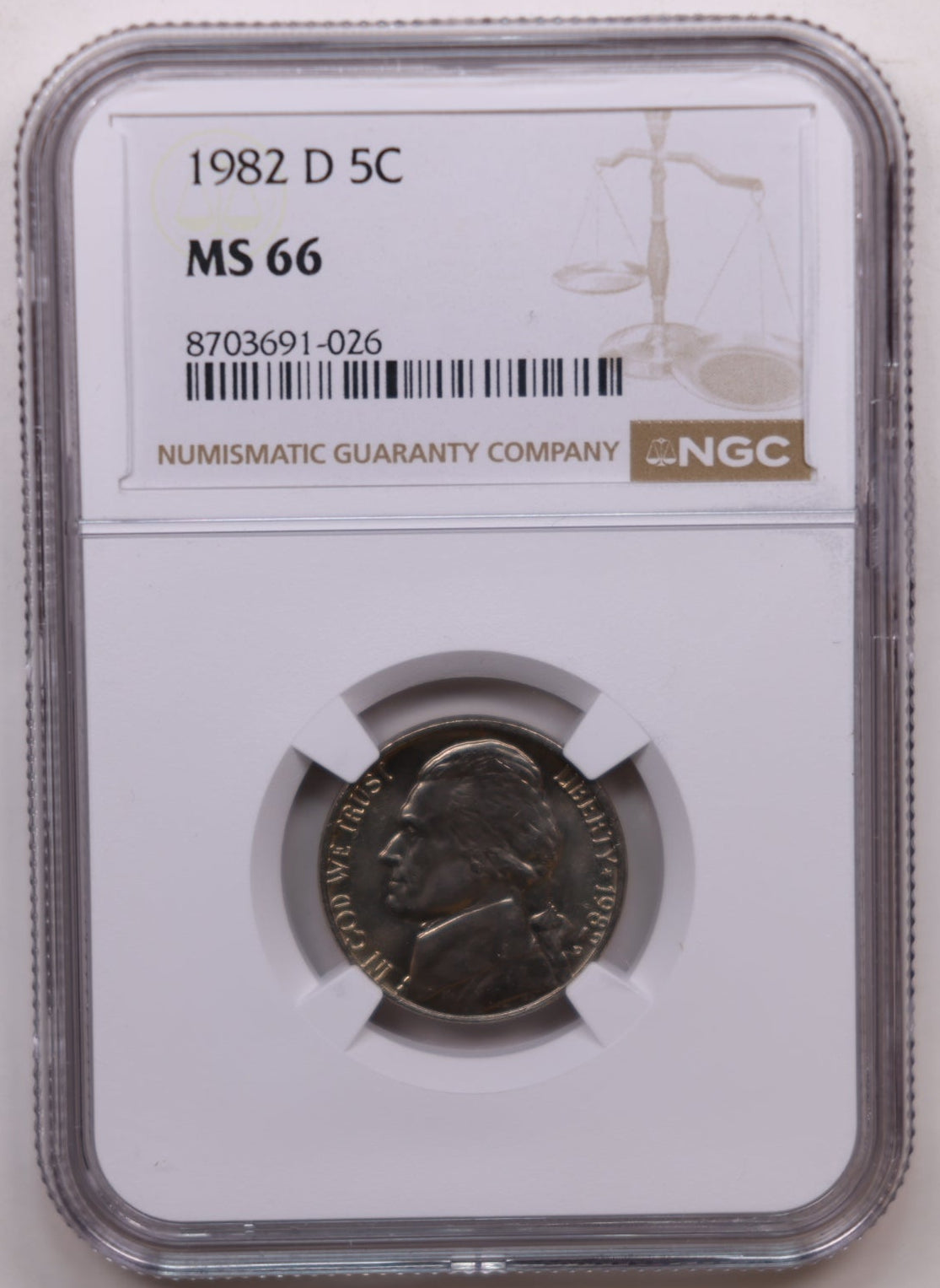 1982-D Jefferson Nickel, Certified NGC MS-66, Uncirculated Coin, Store #NL688.