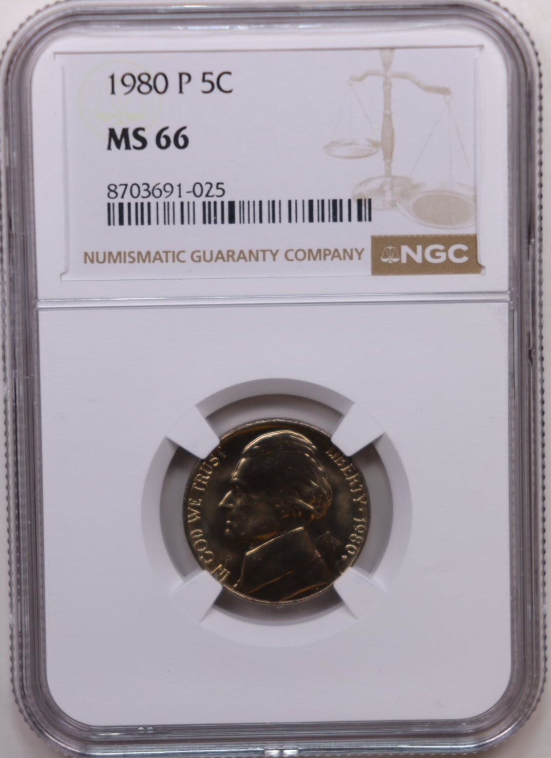 1980-P Jefferson Nickel, Certified NGC MS-66, Uncirculated Coin, Store #NL689.