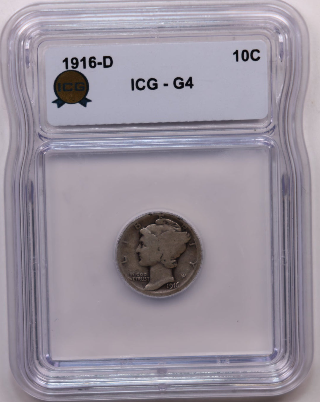 1916-D Mercury Head Silver Dime, 'Key Date', ICG Good-4, Store #DE1004