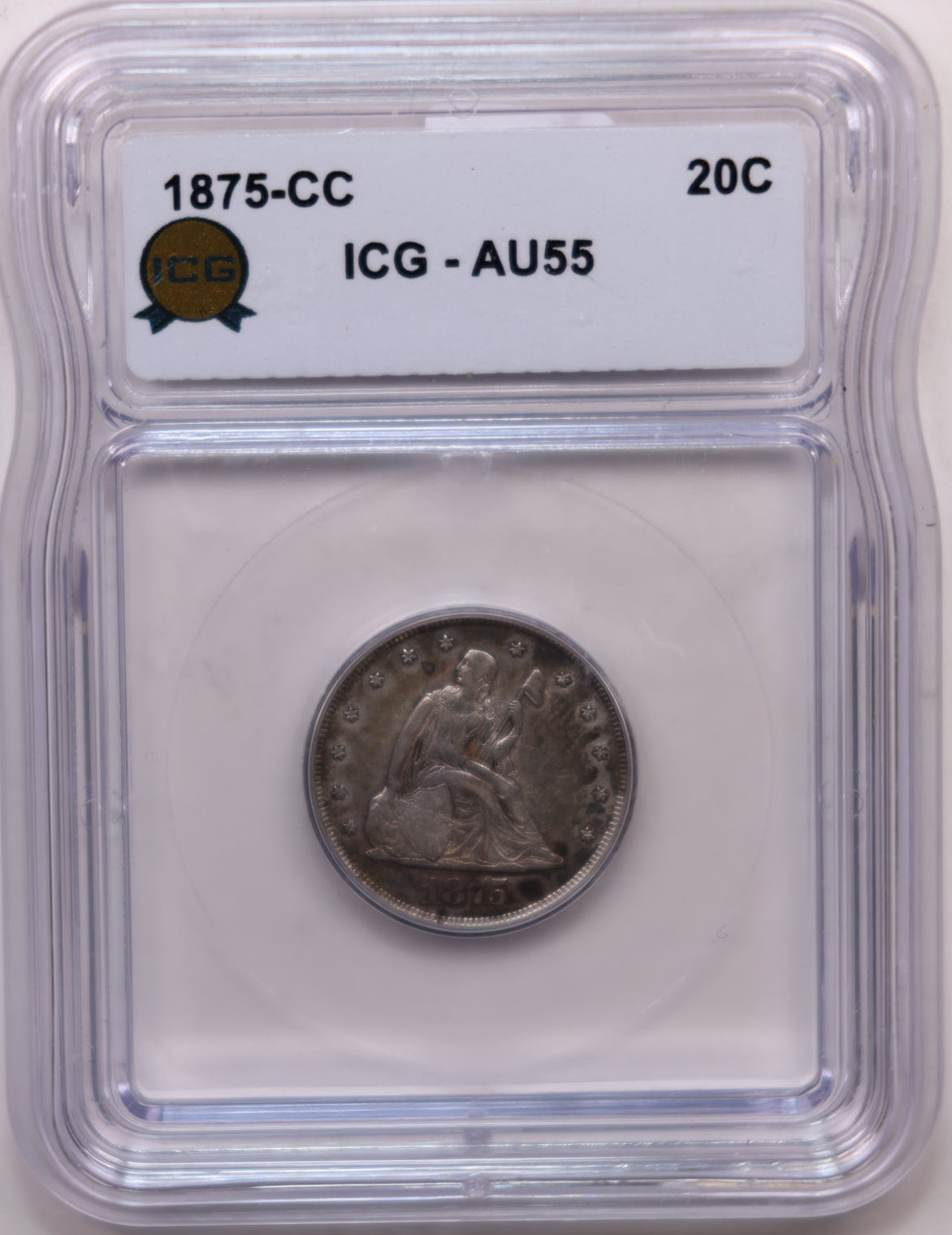 1875-CC Twenty Cent Piece, Certified ICG AU-55, Hard Date, Store #20C03.