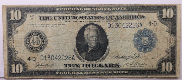 1914 $10 Federal Reserve Note., Large Size, Very Fine., Store #LFN0004