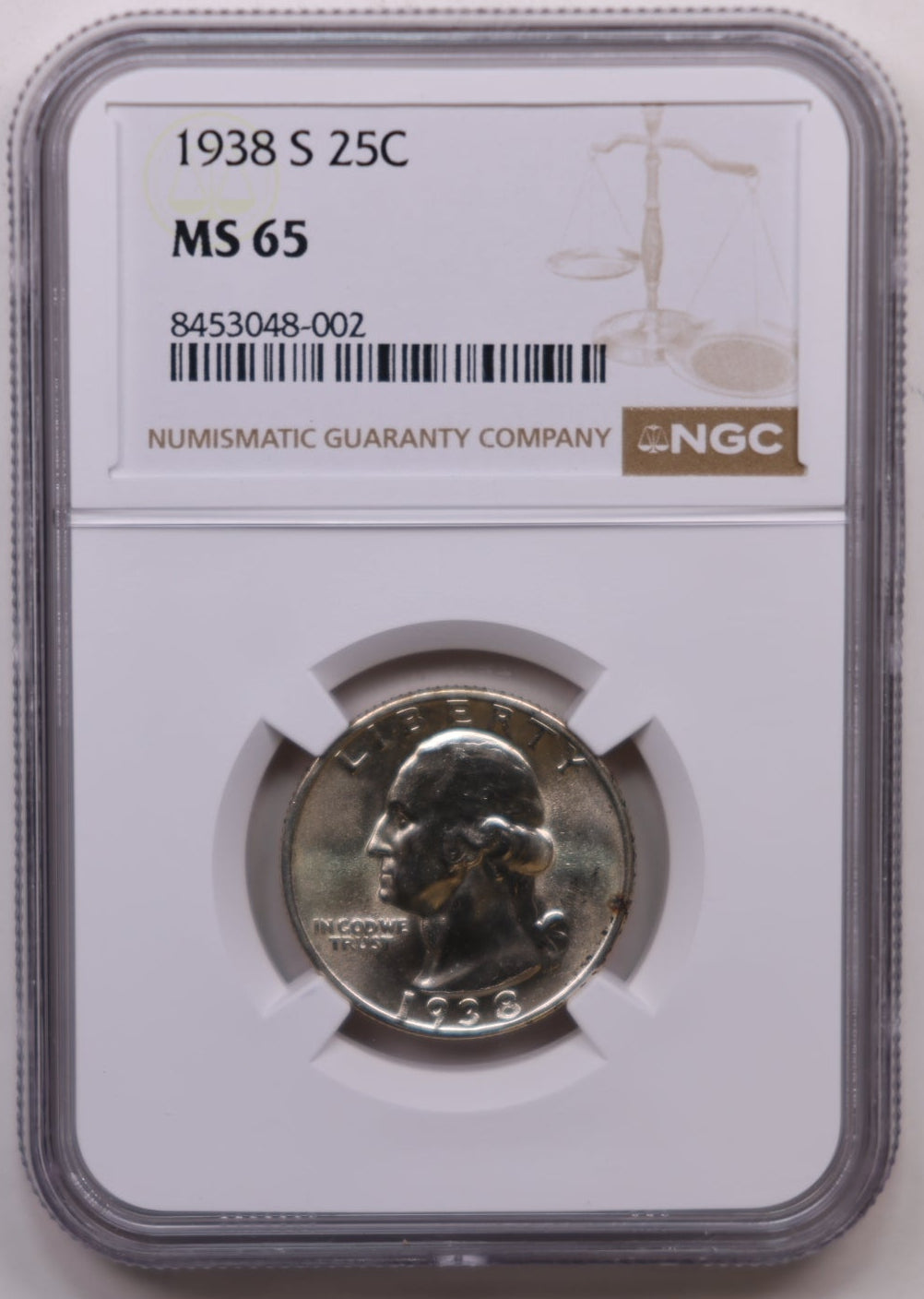 1938-S Washington Silver Quarter, NGC MS-65, Uncirculated, Store #QR1969.