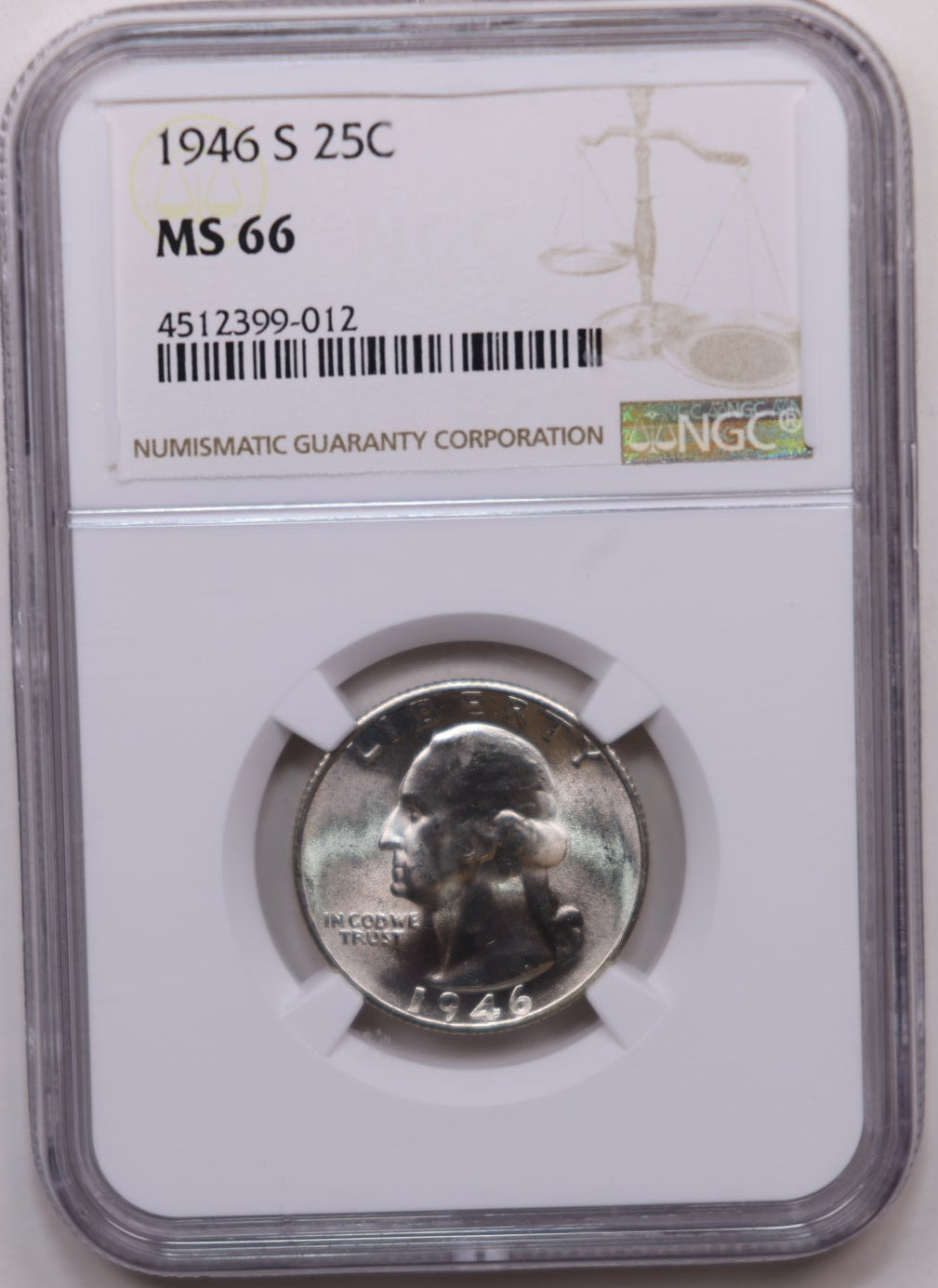 1946-S Washington Silver Quarter, NGC MS-66, Uncirculated, Store #QR1970.