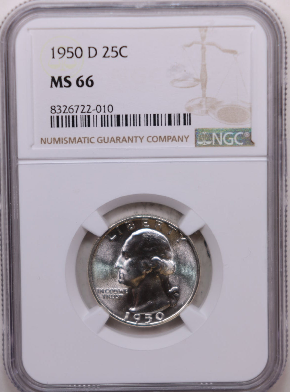 1950-D Washington Silver Quarter, NGC MS-66, Uncirculated, Store #QR1971.