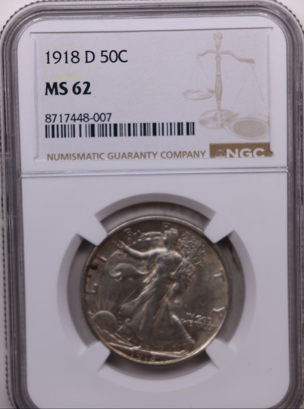 1918-D Walking Liberty Silver Half Dollar, NGC Graded MS-62, Store #HR2062.