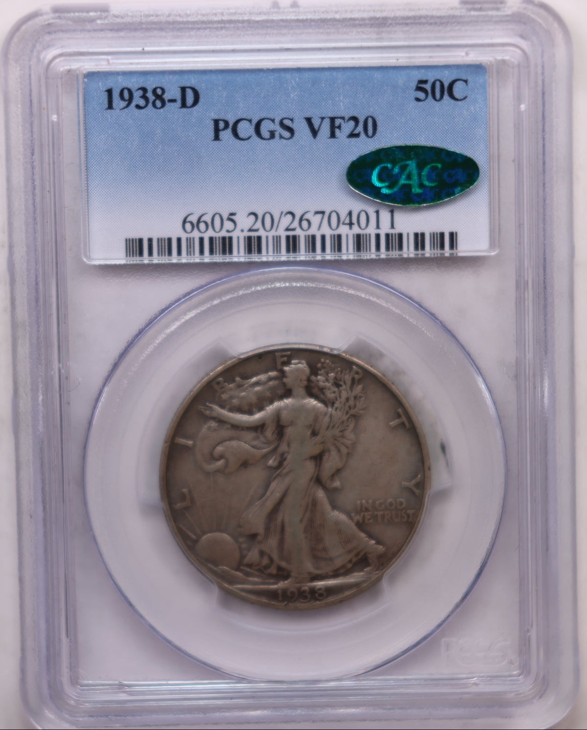 1938 Walking Liberty Silver Half Dollar, PCGS VF20, CAC Sticker, Store #HR2064.