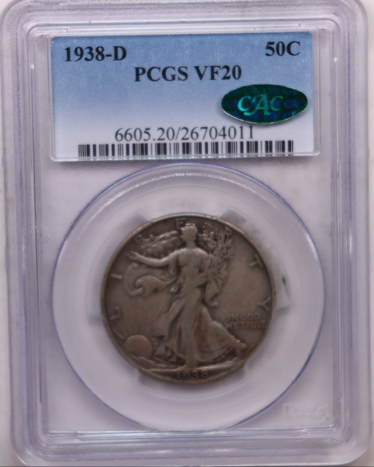 1938 Walking Liberty Silver Half Dollar, PCGS VF20, CAC Sticker, Store #HR2064.