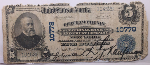 1902 $5, National Bank, CHATHAM PHENIX, NY.,  10778., Circulated., Store #LNB001