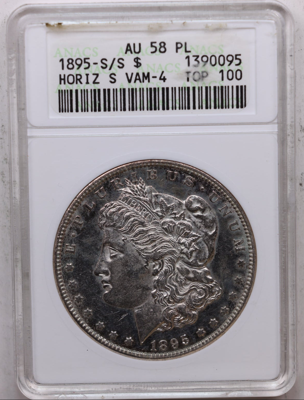 1895-S/S Morgan Silver Dollar, 'S' over 'S', ANACS AU58, P.L, Store #DR065.