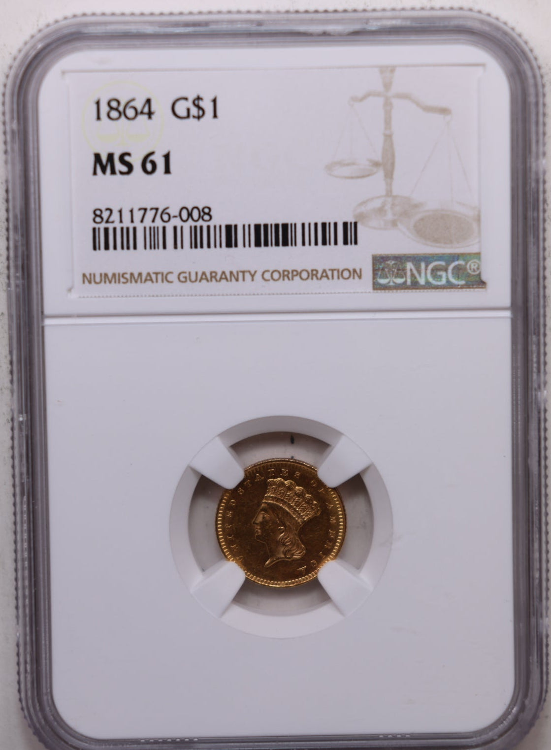 1864 Princess Gold One Dollar, NGC MS-61, Uncirculated, Store Sale #GGD004.