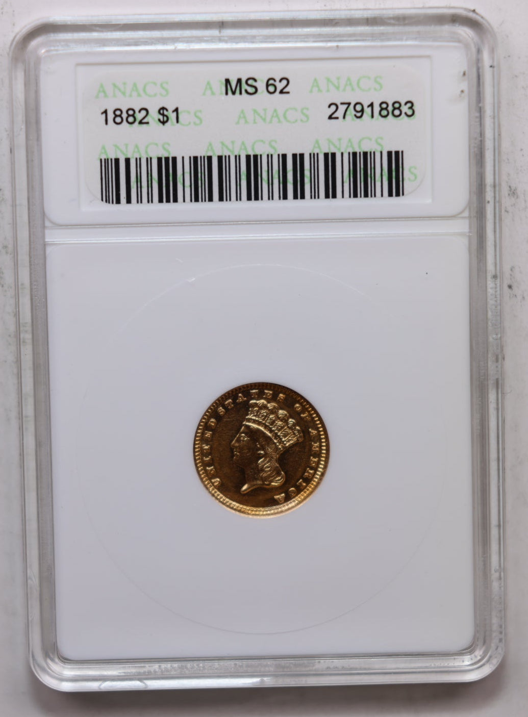 1882 $1, Princess Gold One Dollar, ANACS MS-62, Soap Box, Store Sale #GGD005.