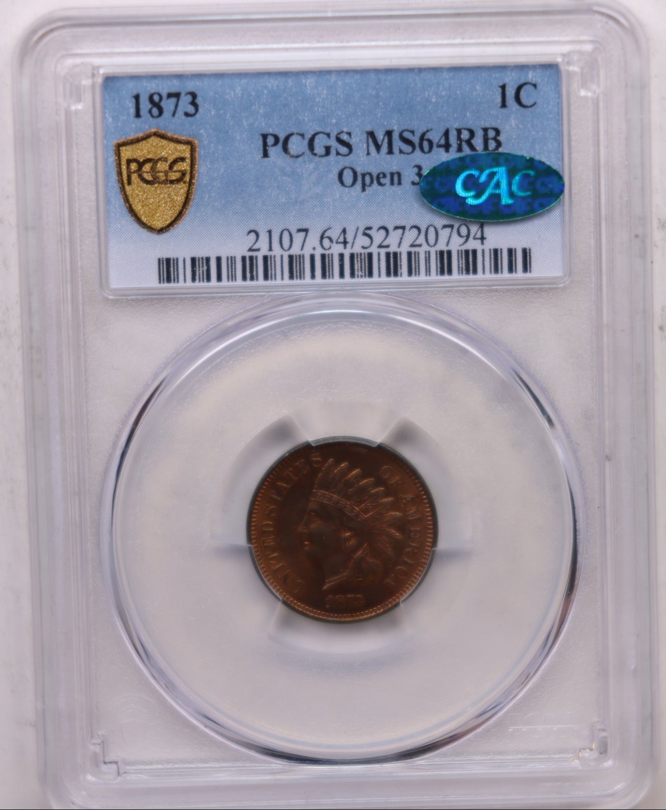 1873 Indian Head Cents, Open-3, PCGS MS64 R/B, CAC Sticker, Store #CT1674
