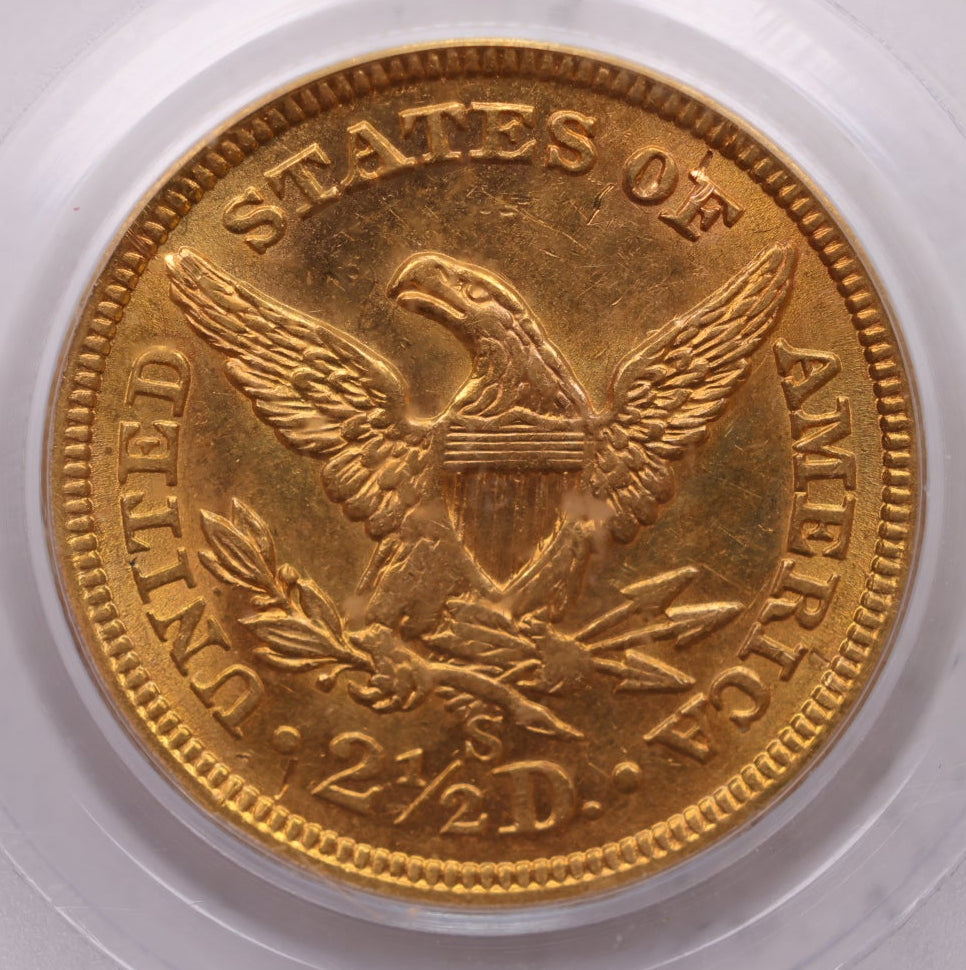 1869-S $2.50 Gold Liberty, Quarter Eagle, PCGS AU58, CAC Sticker, #G005.