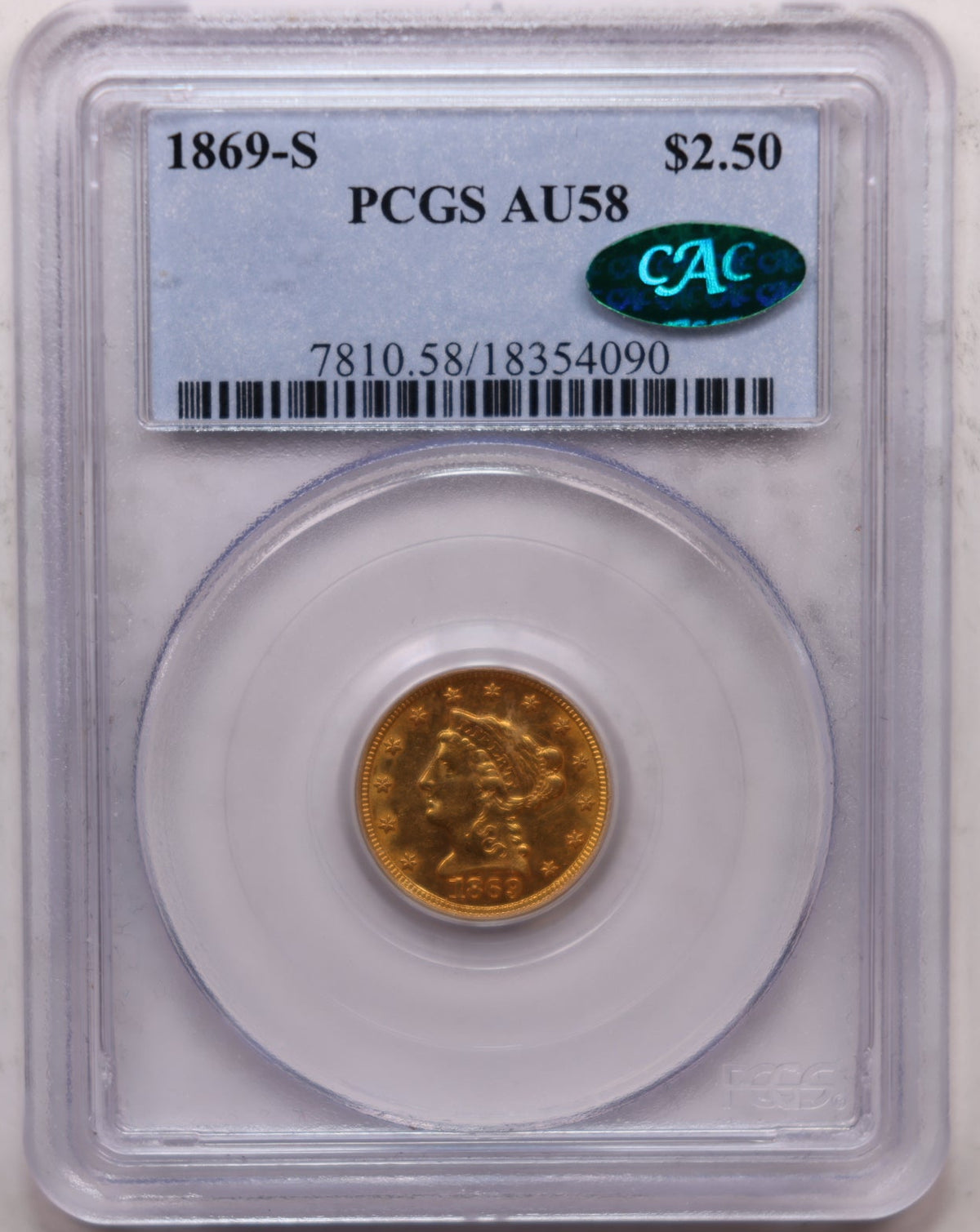 1869-S $2.50 Gold Liberty, Quarter Eagle, PCGS AU58, CAC Sticker, #G005.