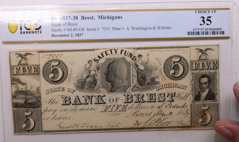 1837 $5., Bank of BREST, MI., Obsolete., PCGS VF-35., Store