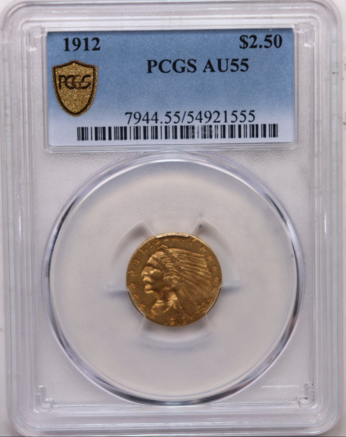 1912 $2.50 Gold Indian, Quarter Eagle, PCGS AU-55, STORE #G007.