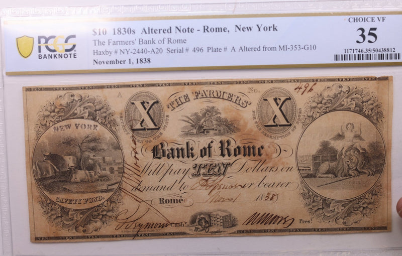 1838 $10., Bank of Rome, N.Y., Altered Mich., PCGS VF-35., STORE