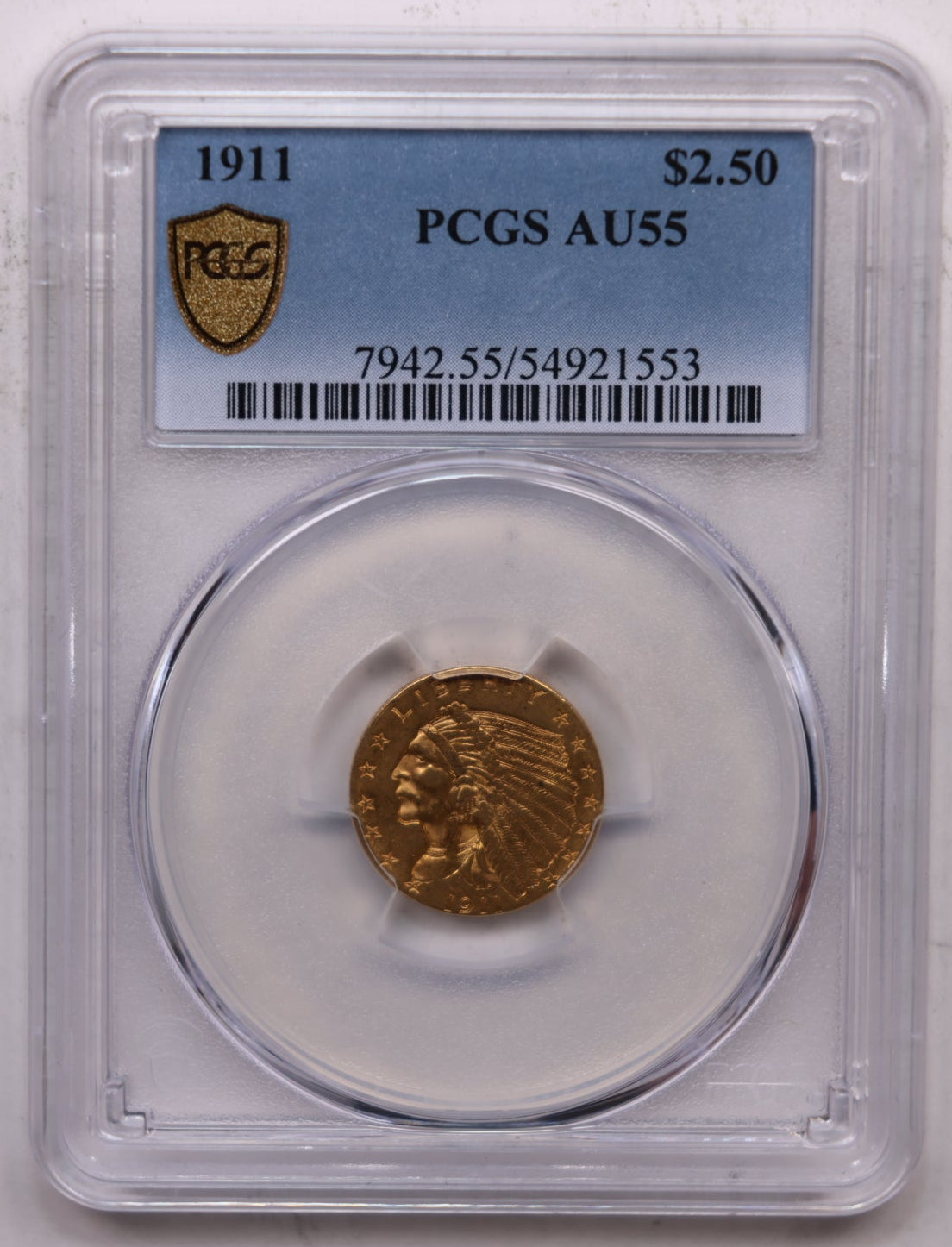 1911 $2.50 Gold Indian, Quarter Eagle, PCGS AU-55, STORE #G009.