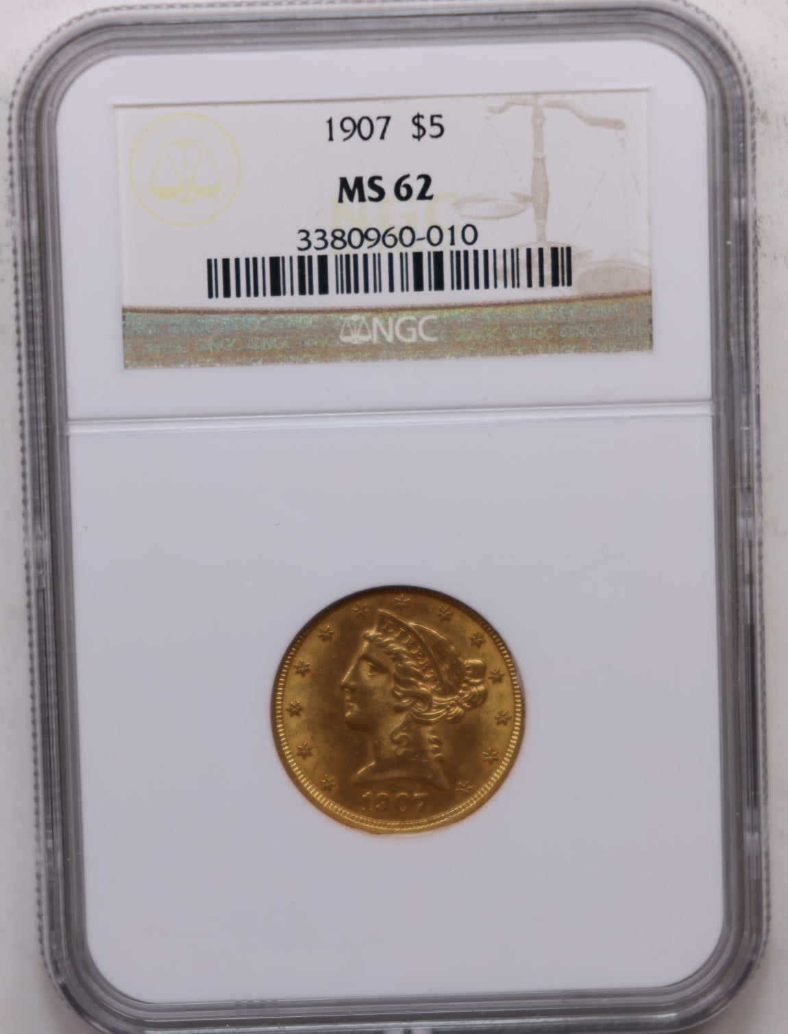 1907 $5 Gold Liberty Half Eagle, NGC MS-62, Uncirculated, Store Sale #G011.