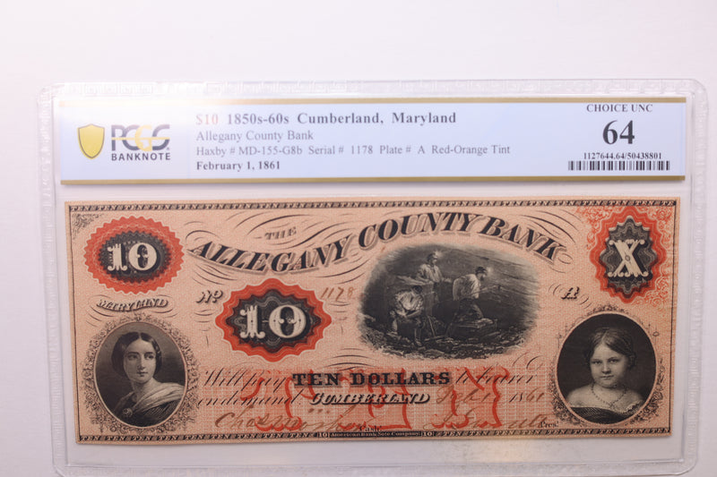 1861 $5., ALLEGANY COUNTY BANK., Cumberland, MD.,  PCGS CU-64., Store